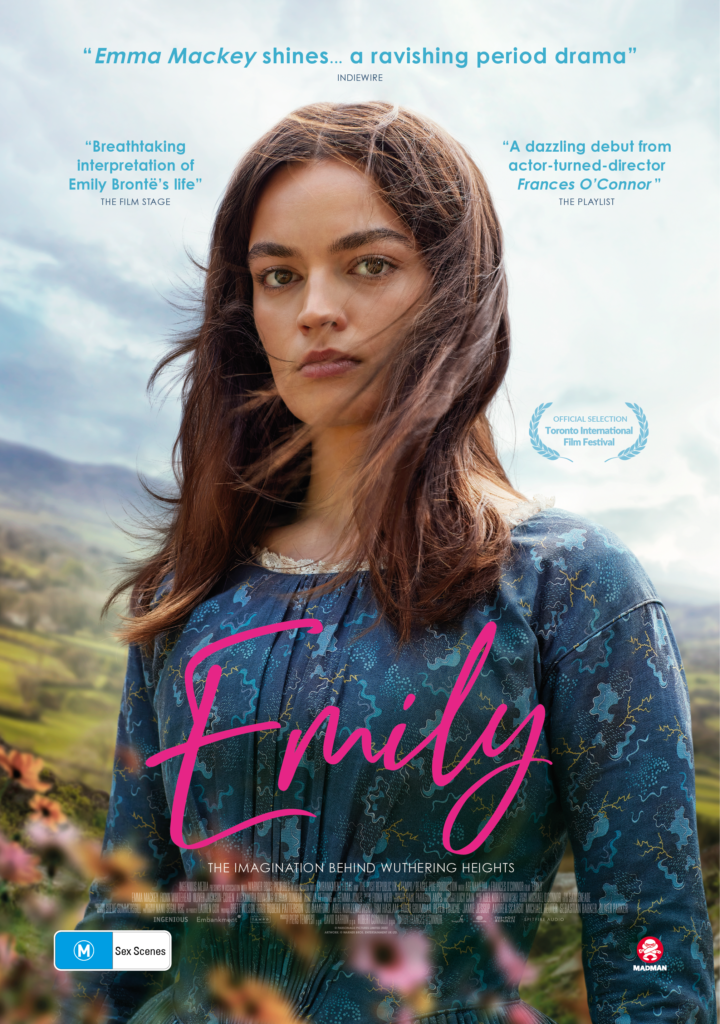 Poster for the movie Emily by Frances o'Connor. A woman stares at the camera. Pink text says 'Emily'. 