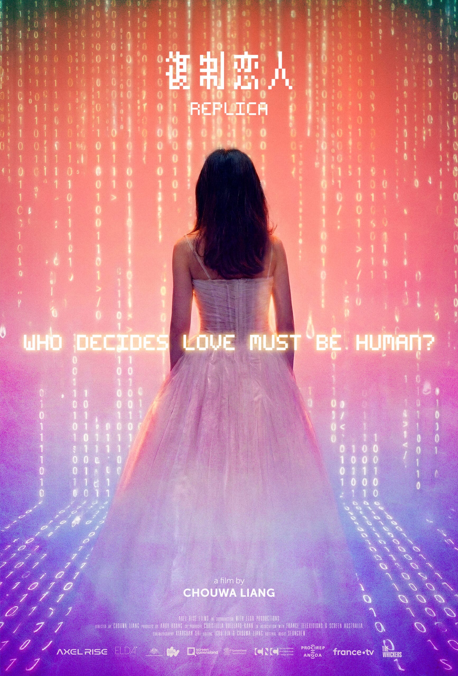 The poster for Replica. It features a woman in a white dress with a long gown staring at a purple and pink wall covered in numbers. The title of the film is on the poster alongside the question 'Who Decides Love Must Be Human?'