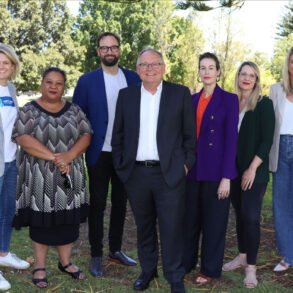 L-R: Miranda Edmonds; DLGSC Executive Director (Culture and Arts) Shelagh Magadza; Khrob Edmonds; Culture and Arts Minister David Templeman; Kathryn Lefroy; Alison James and Screenwest CEO Rikki Lea Bestall. Photography by Screenwest.
