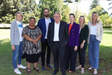 L-R: Miranda Edmonds; DLGSC Executive Director (Culture and Arts) Shelagh Magadza; Khrob Edmonds; Culture and Arts Minister David Templeman; Kathryn Lefroy; Alison James and Screenwest CEO Rikki Lea Bestall. Photography by Screenwest.